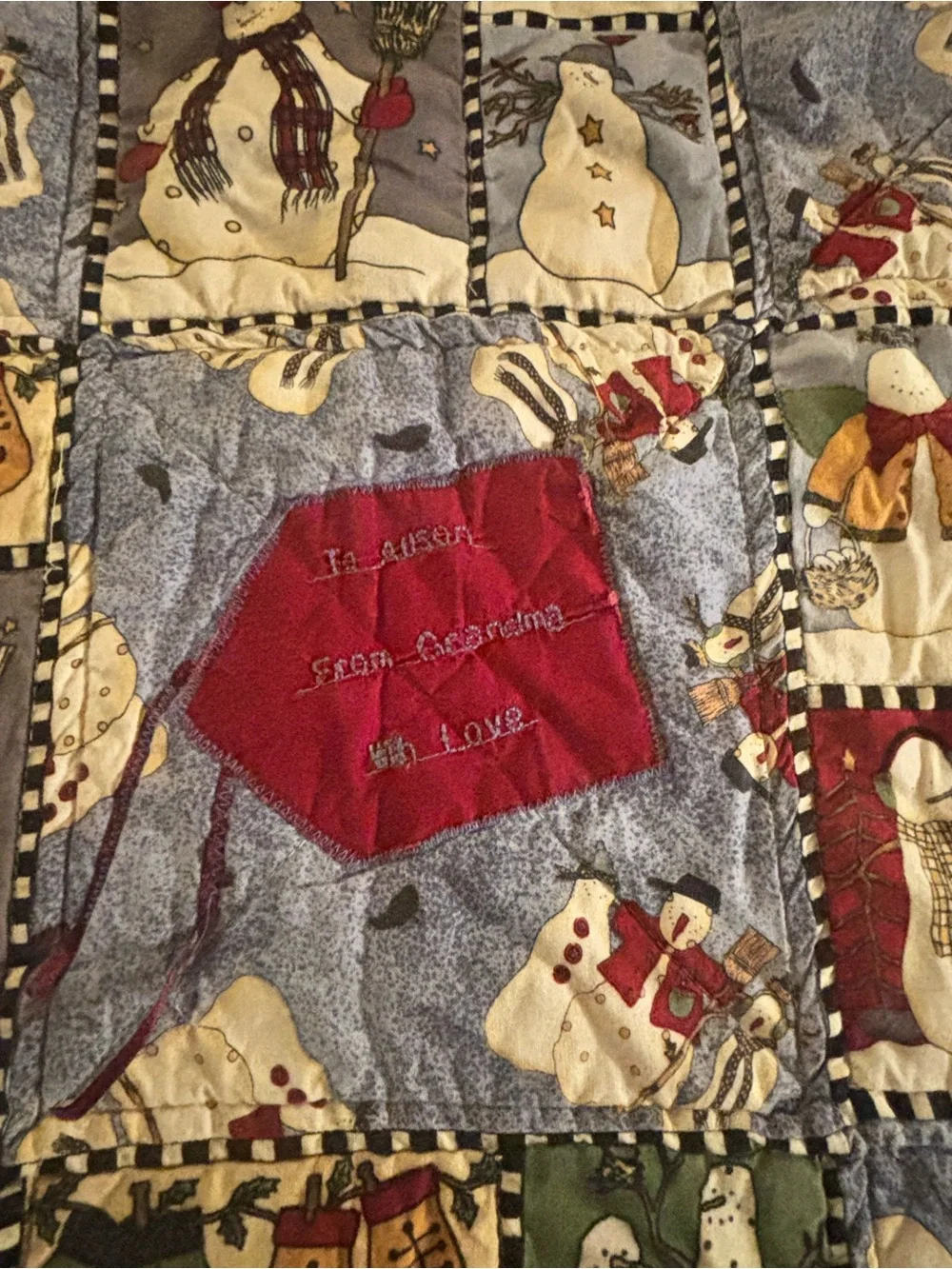 Cute Snowman Patchwork Quilt - Festive Red, Blue, Cream